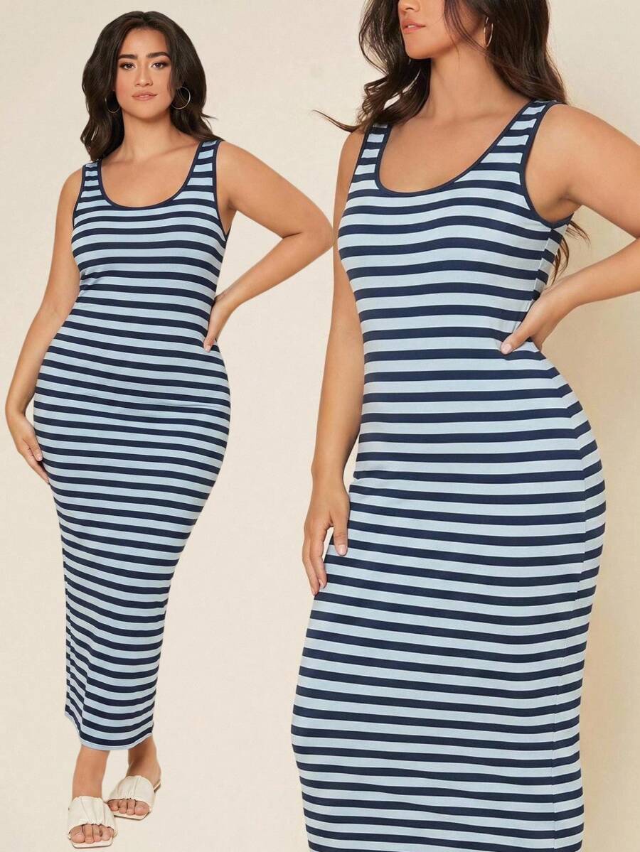 SHEIN BASICS 大尺碼夏季休閒條紋無袖修身洋裝 - 藍白色 - 查看 1