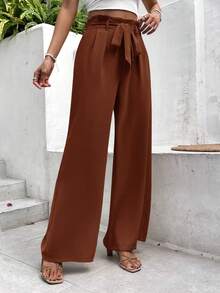 SHEIN Frenchy 女款純色腰綁帶寬腿寬鬆休閒長褲 - 棕色 - 查看 5