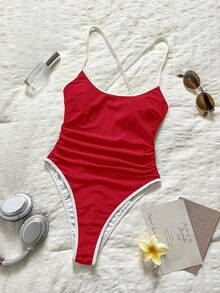 Swim Chiccia Women's Fashion Striped Color Block Spaghetti Strap Jumpsuit, Suitable For Vacation Beach - Red - View 4