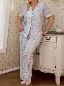 CottageSlumber Romantic Pastoral Floral & Plaid Print Plus Size Pajama Set - Multicolor - View 3