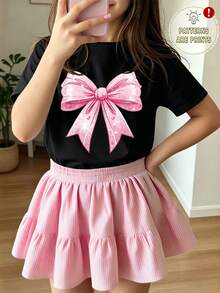 Elladie kids Girls' Fresh Fashion Cute Glitter Pink Bow & Heart Pattern Basic Black Short Sleeve T-Shirt, Comfortable Daily Wear For All Seasons - Black - View 7