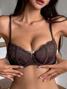 DAZY Sujetador de lencería sexy ligero con relleno, malla y encaje en contraste - Café integral - Ver 6