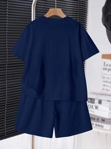 Tween Boys' Casual Minimalist Round Neck Short Sleeve Shorts 2 Pieces Set,Suitable For Summer 1989 New York,Brooklyn Text Graphic - Navy Blue - View 3