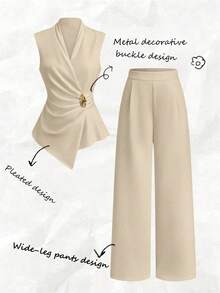 SHEIN Franclia Setelan 2 Potong Wanita Elegan Musim Semi/Panas 2026 Tanpa Lengan dengan Detail Kerut dan Kancing Logam - Khaki - View 5