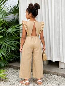 SHEIN Young Girl Casual All-Match Versatile Beach Vacation Daily Wear Ruffle Backless Drawstring Waist Jumpsuit - Pink - View 3