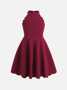 Vestido infantil para niña joven, casual y elegante, de moda, color rojo sólido, cuello alto, sin mangas, con cintura ceñida, corte evasé, bajo con pétalos y bajo curvo, vestido sin mangas, vestido color burdeos, vestido para niños - Burdeos - Ver 3