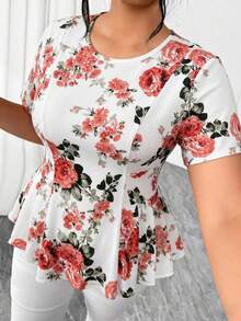 Elenzga Blus Wanita Ukuran Besar Elegan Kasual Serbaguna Leher Bulat Lengan Pendek Model Mengembang, Musim Semi/Panas - MultiWarna - View 7