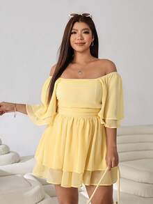 Solflare Plus Size Solid Color Shirred One-Piece Short Romper Dress For Vacation - Yellow - View 4
