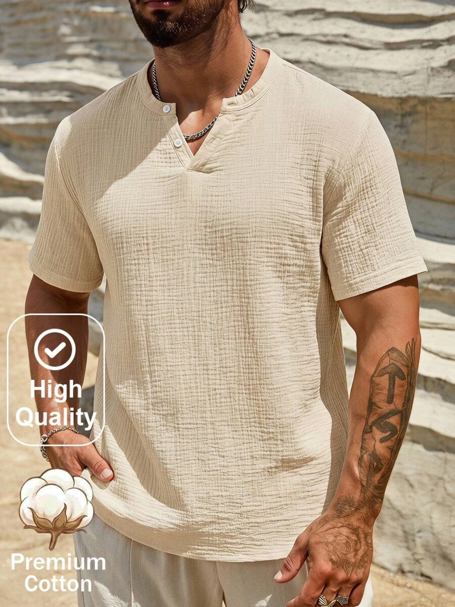HIMLAND Men's Solid Color Notch V-Neck Short Sleeve Casual Commuter Shirt - Linen Brown - View 1