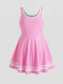 SHEIN Young Girl Knitted Numeric Pattern Camisole Dress, Casual Sportswear - Pink - View 3