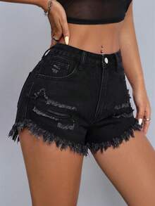 SHEIN PETITE Women's Button Distressed Pocket Frayed Hem Fashion Denim Shorts - Black - View 5