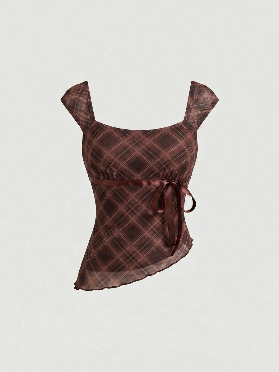 SHEIN MOD Women's Plaid Tank Top With Bow Ribbon Decor And Asymmetric Diagonal Hem Date Daytime Everyday Brown Plaid Summer 1960s Vintage Elegant Romantic - Mocha Brown - View 1