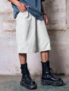 Skyrend Men White Summmer Streetwear City Break Vintage Loose Wide Leg Denim Shorts,Rivet Design,Letter,Music Note & Smiling Face Prints Casual Daily Wear - White - View 6