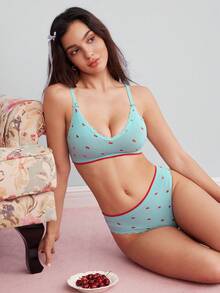 SHEIN Women's Cherry Print Bow Decor Bra - Blue - View 2