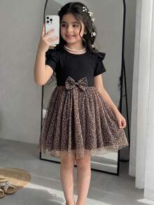 Glamorique Kids Young Girl Leopard Mesh Overlay Ruffle Trim Bow Front Dress - Multicolor - View 2