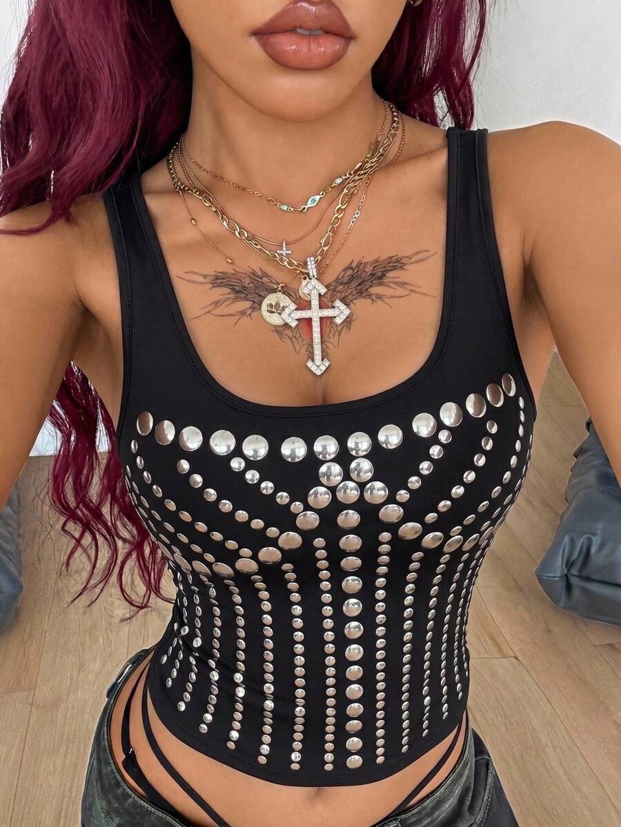 Coolane 女款大尺碼夏季街頭風哥德Y2K復古基本款豹紋舒適彈性黑色背心上衣