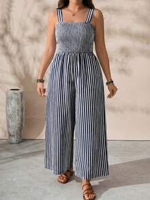 EMERY ROSE Mono de tirantes finos con diseño fruncido casual para vacaciones para mujer talla grande - Azul Marino - Ver 3
