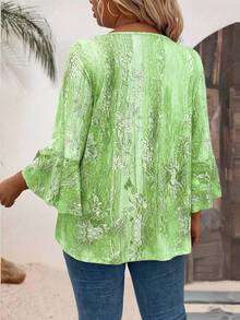 SHEIN 大尺碼女款休閒數位印花甜心領 3/4 袖 T-shirt 圖案上衣 - 綠色 - 查看 2