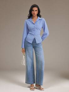 SHEIN Tall Women's Blue And White Striped Long Sleeve Shirt, Back Ruched Shirt, Daily Commute Shirt, Vacation Shirt, Waist-Cinching Striped Shirt, Spring Summer Autumn Winter Clothing Commute, Elegant, Vacation, Bohemian, Workwear - Blue and White - View 8