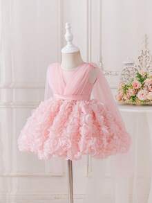 SHEIN Glamorique Kids 女嬰粉色花朵薄紗3D花卉洋裝，生日花童派對、婚禮公主風，夏季暖色系優雅學院風秋季套裝 - 粉色 - 查看 2