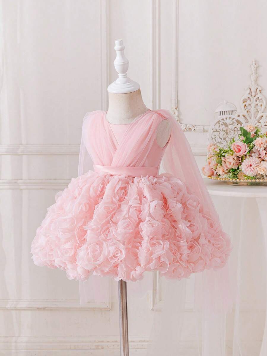 SHEIN Glamorique Kids 女嬰粉色花朵薄紗3D花卉洋裝，生日花童派對、婚禮公主風，夏季暖色系優雅學院風秋季套裝