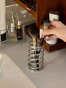 1 PC Stainless Steel Spiral Hollow Toothbrush Holder 2 In 1 Makeup Brush Pen Organizer Rack Bathroom Vanity Desk Quick Drying Multifunctional Storage Stand Space Saving Desk Tray Dorm Room Essential - Silver - View 5