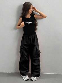 SHEIN Sparklyn Tween 女童休闲纯色工装裤 - 黑色 - 查看 5