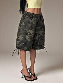 Sinnesro WOMEN Cargo Utility Long Shorts Military Combat Style Drawstring Elastic Waist Summer Spring Casual Pockets Bermuda Length Outdoor Hiking Walking ,Petite Women - Army Green - View 11