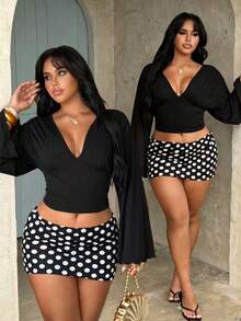 Rustia Plus Size Women's Casual Cinched Waist Top, Wide Cuff V-Neck Top, Fashionable Comfortable Early Autumn Spring Fall - Black - View 1