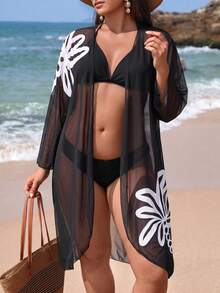 Swim Vcay Women's Plus Size Cardigan With Placement Floral Print, Loose Fit Vacation Beach Vacation Kimono Summer - Black - View 5