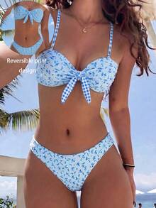 Swim Mod 女款派對戶外夏季海灘簡約優雅休閒度假基本百搭小碎花拼接格紋印花可反穿平口露背比基尼泳衣上衣附胸前繫帶蝴蝶結對比色高衩泳褲2件組，修身顯瘦出遊海灘泳衣適合春假秋季開學季慕尼黑啤酒節音樂節假期春季促銷海邊氛圍度假穿搭春假服裝派對泳衣情人節新年開學嘉年華母親節國際婦女節家庭出遊巴西六月節春假畢業季雙11 - 彩色 - 查看 4