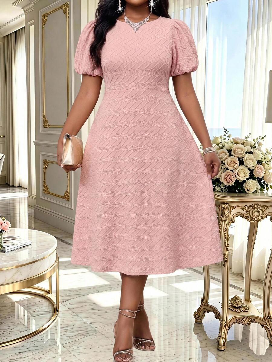 Dripcurv Plus-Size Solid Color Round Neck Raglan Sleeve Mesh Waist Elegant Dress, Suitable For Wedding Tea Party Guests, Bridesmaids, Graduation Ceremonies - Pink - View 1