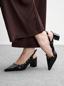 CUCCOO BIZCHIC 1雙黑色瑪麗珍漆皮尖頭露後跟涼鞋 女款 金色鉚釘粗跟通勤高跟鞋 - 黑色2 - 查看 4