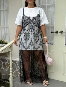GalTyme Plus Size Summer INS Style Elegant Camisole 2 Pieces Dress Set Party White Black - Black and White - View 7