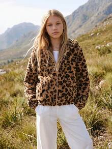SHEIN Tween Girls Leopard Print Reversible Teddy Thermal Lined Thick Jacket With Cute 3D Ears Hood, Casual For Autumn/Winter - Brown - View 1