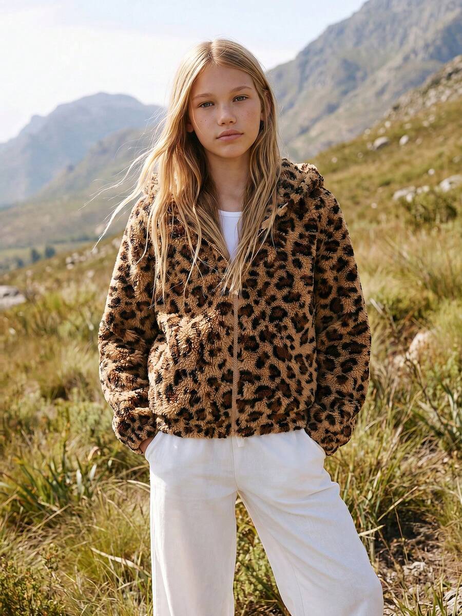 SHEIN Tween Girls Leopard Print Reversible Teddy Thermal Lined Thick Jacket With Cute 3D Ears Hood, Casual For Autumn/Winter - Brown - View 1