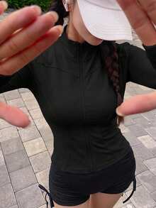 DAZY 女款純色彈性假領修身長袖夾克，運動休閒風，春秋款 - 黑色 - 查看 4