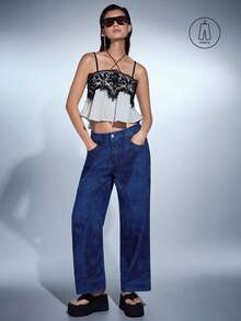 MERLEAU-F Pantalones vaqueros de mujer con estampado láser moderno, pernera ancha, para verano, viajes, casual, elegante, clásico, lujo, negocios casual, deportes - Azul - Ver 5