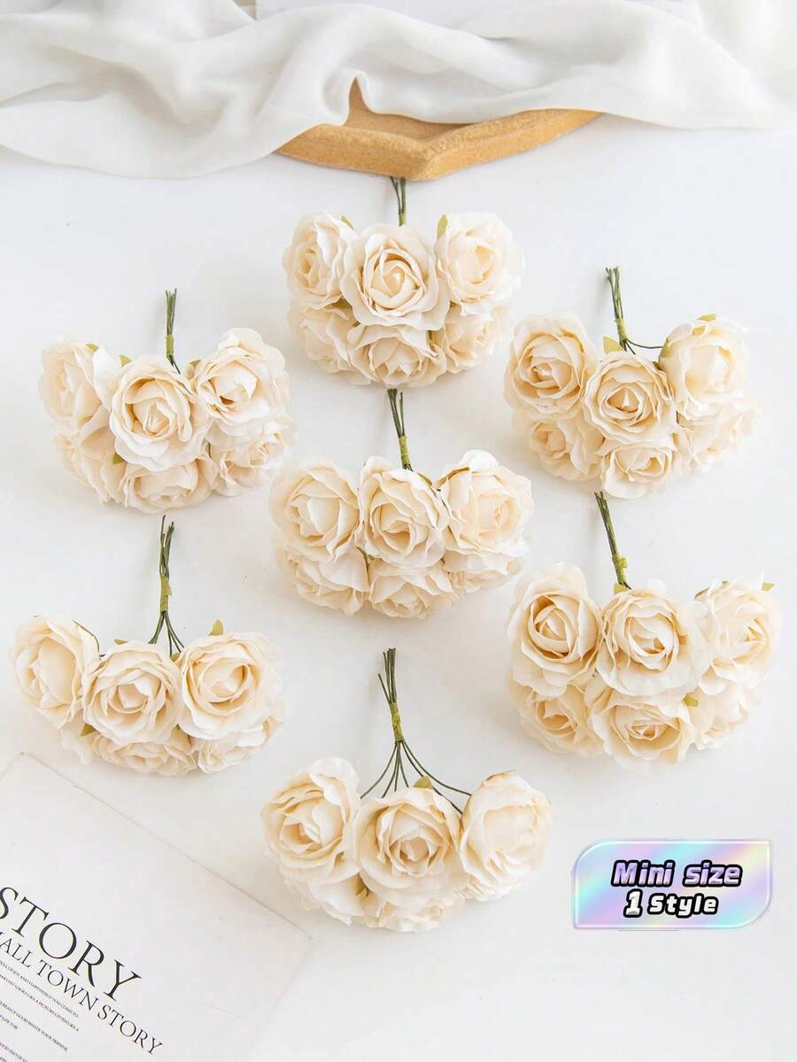 1 Bouquet (6 Pcs) Artificial Mini Rose Buds, Letter DIY Wreath Materials, Candy Box Accessories, Home Wedding Decor, Bride Wrist Corsage, Chest Flower, Headpiece Materials, Valentine's Day, New Year, Birthday Party, Cake Decorations - Beige - View 1