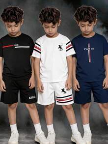 SHEIN 3套/買3送3 青少年男孩休閒拼接撞色圖案圓領寬鬆短袖T恤與短褲套裝，Y2K風格，兒童 - 彩色 - 查看 6