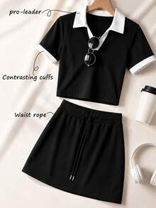 Franclia Women's Summer Casual Colorblock Patchwork Top Skirt Set School Black - Black and White - View 4