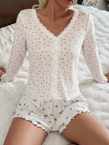 DAZY Top de manga larga con patchwork de encaje floral dulce, pijama de ropa de estar en casa para mujer - Blanco - Ver 4