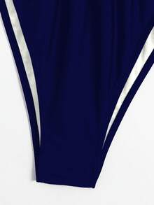 SHEIN Swim Curve 大尺碼女款夏季海灘純色掛脖綁帶性感比基尼三角褲兩件式泳衣套裝 - 藏蓝色 - 查看 3