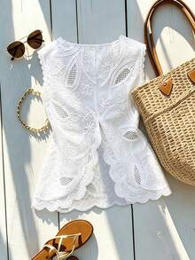 SHEIN LUNE Spring/Summer Women's Plus Size Sleeveless Hollow Embroidered Backless Lace Trim Casual Boho Bohemian Top, Daily Vacation Streetwear Brunch White Chic - White - View 3