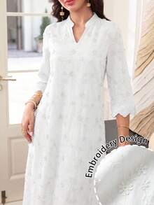 Lacomfia Spring/Summer Fashion Mint Green Positioned 3D Embroidered Stand Collar Mid-Length Sleeve Dress - White - View 3