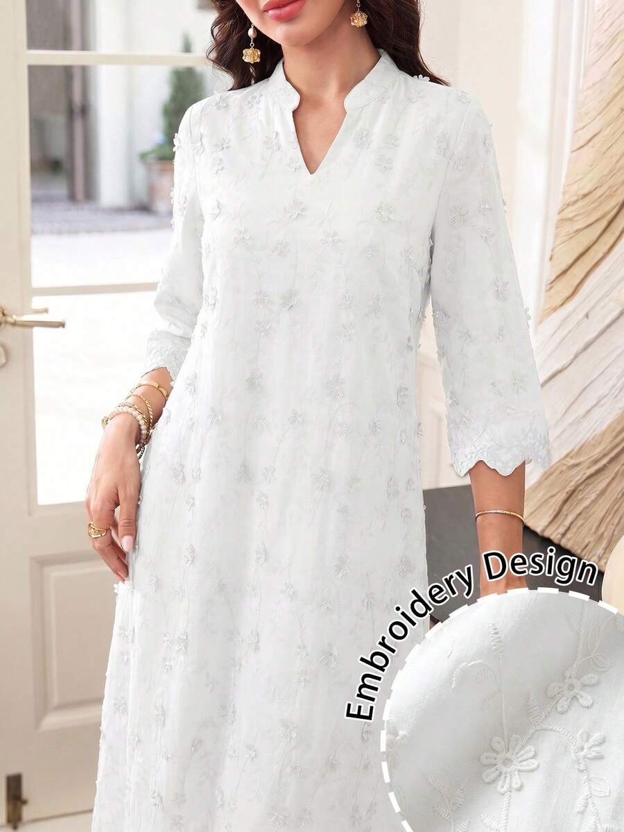Lacomfia Spring/Summer Fashion Mint Green Positioned 3D Embroidered Stand Collar Mid-Length Sleeve Dress - White - View 1