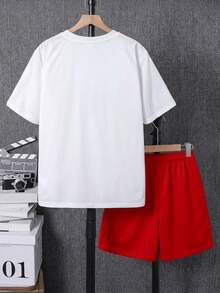 Set Kaos Lengan Pendek Kerah Bulat Minimalis Kasual dan Celana Pendek untuk Remaja Laki-laki, Cocok untuk Olahraga Musim Panas, Set Pakaian Bergambar yang Nyaman dan Lembut. - MultiWarna - View 5