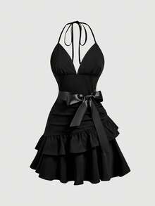 SHEIN MOD 女款純色腰部打結荷葉邊下擺時尚掛脖迷你洋裝 - 黑色 - 查看 2