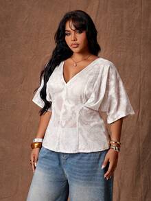 Rustia Plus Size V-Neck Ruffle Sleeve Short Sleeve Ruched Jacquard Cinched Waist A-Line Semi-Sheer Celestial Brunch Formal Blouse All White Summer - White - View 7