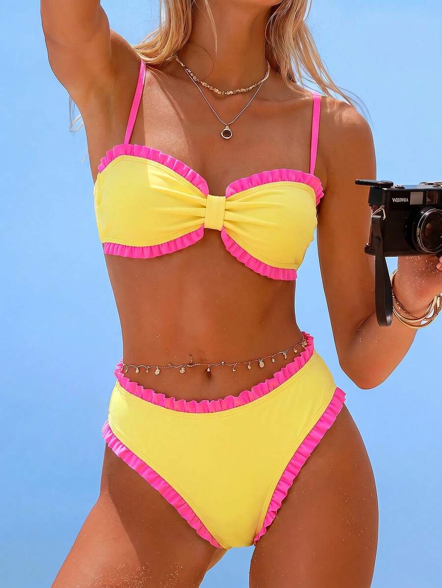 Swim Mod Teen Girl Polka Dot Print Ruched Bandeau Bikini Top With High Waist Ruffle Triangle Bottoms Women's Swimsuit Set - Yellow - View 1